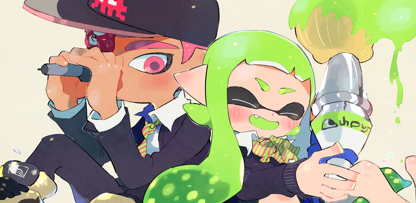 inkling player character, inkling girl, octoling player character, and octoling boy (splatoon) drawn by kirikuchi_riku