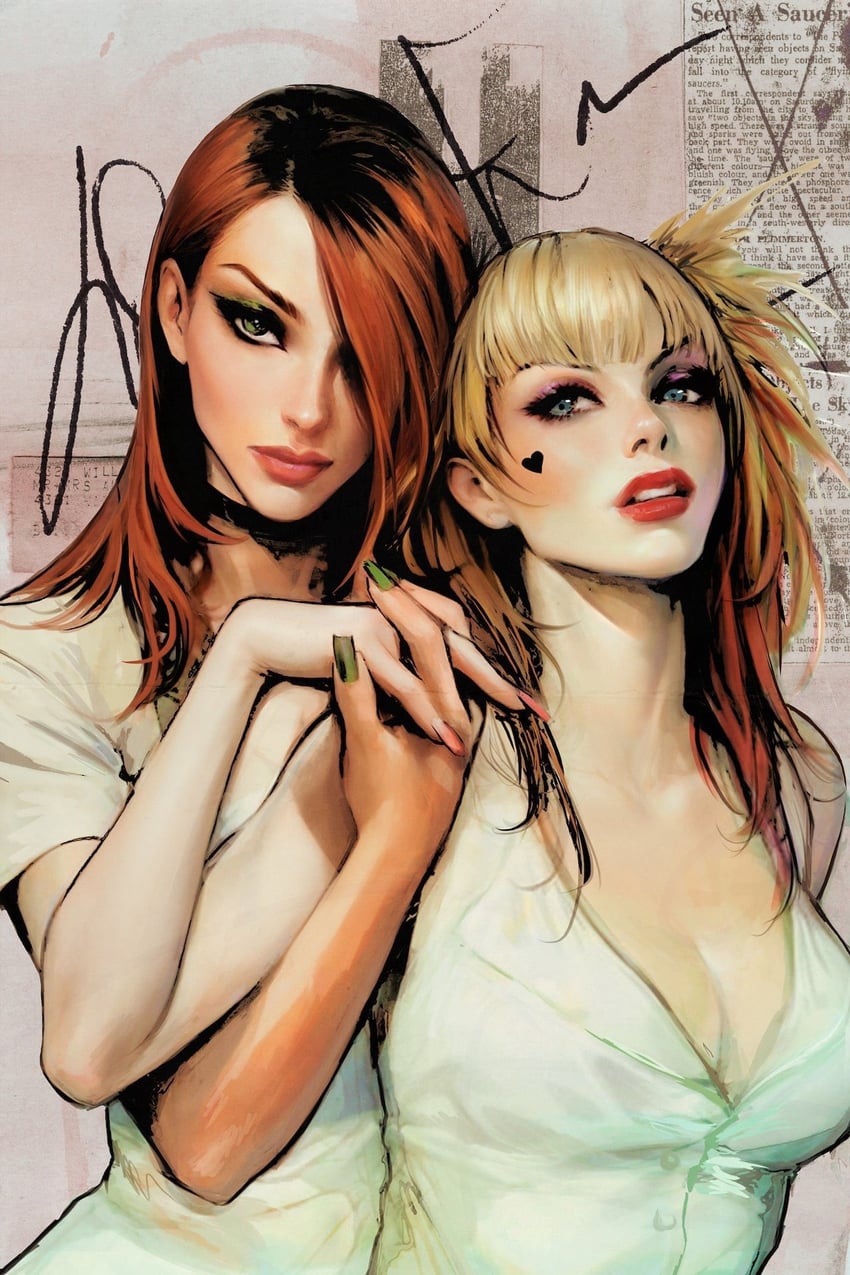 harley quinn and poison ivy (dc comics and 1 more) drawn by sozomaika