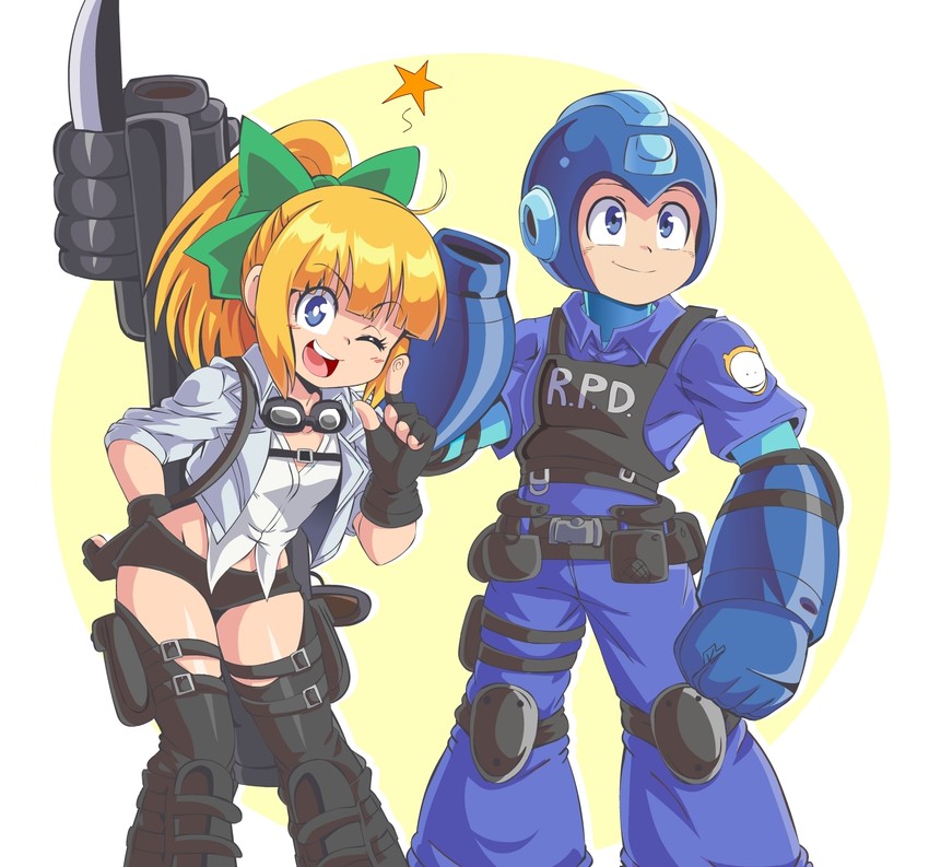 roll, leon s. kennedy, mega man, and lady (resident evil and 5 more) drawn by lewdamone