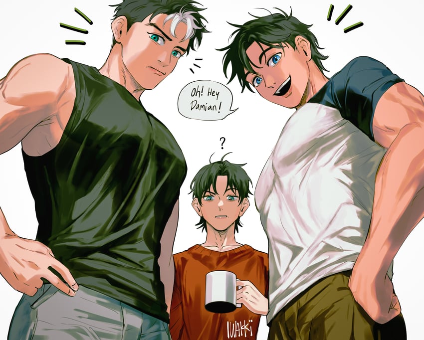 dick grayson, jason todd, and tim drake (dc comics and 1 more) drawn by iwakki