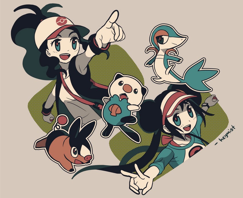 rosa, hilda, oshawott, snivy, and tepig (pokemon and 2 more) drawn by misteriwist