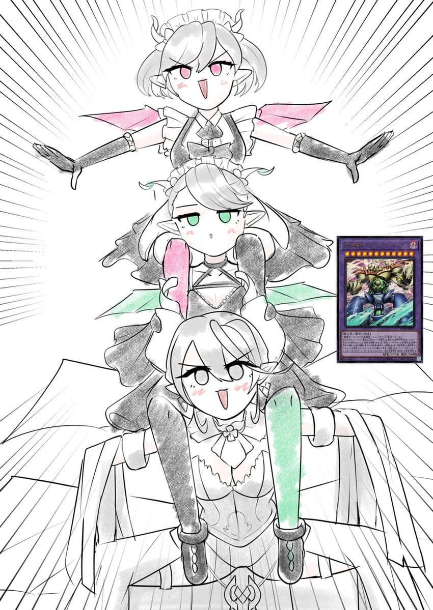 lovely labrynth of the silver castle, arianna the labrynth servant, arianne the labrynth servant, gate guardian, and gate guardian combined (yu-gi-oh!) drawn by cotan_(actancyaga)