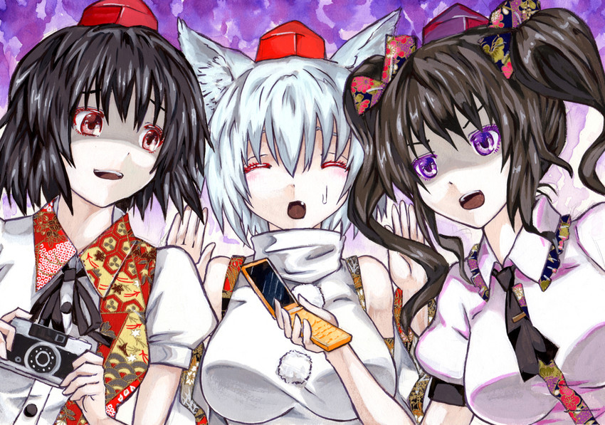 shameimaru aya, inubashiri momiji, and himekaidou hatate (touhou) drawn by kabaji