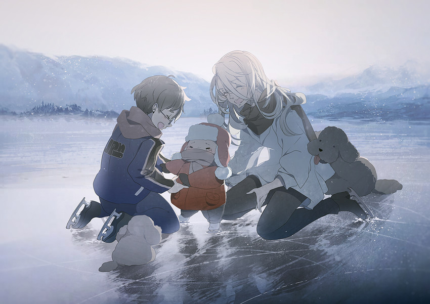 katsuki yuuri, viktor nikiforov, yuri plisetsky, makkachin, and vicchan (yuri!!! on ice) drawn by mono_(freerotary)