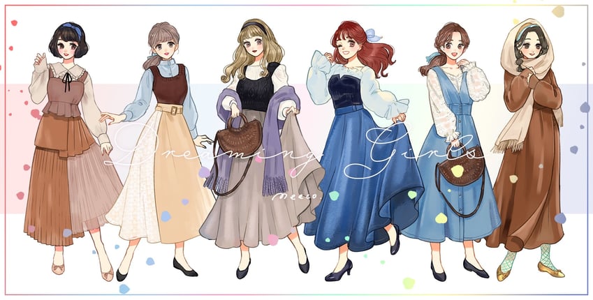 ariel, snow white, jasmine, belle, aurora, and 1 more (disney and 7 more) drawn by meecosme