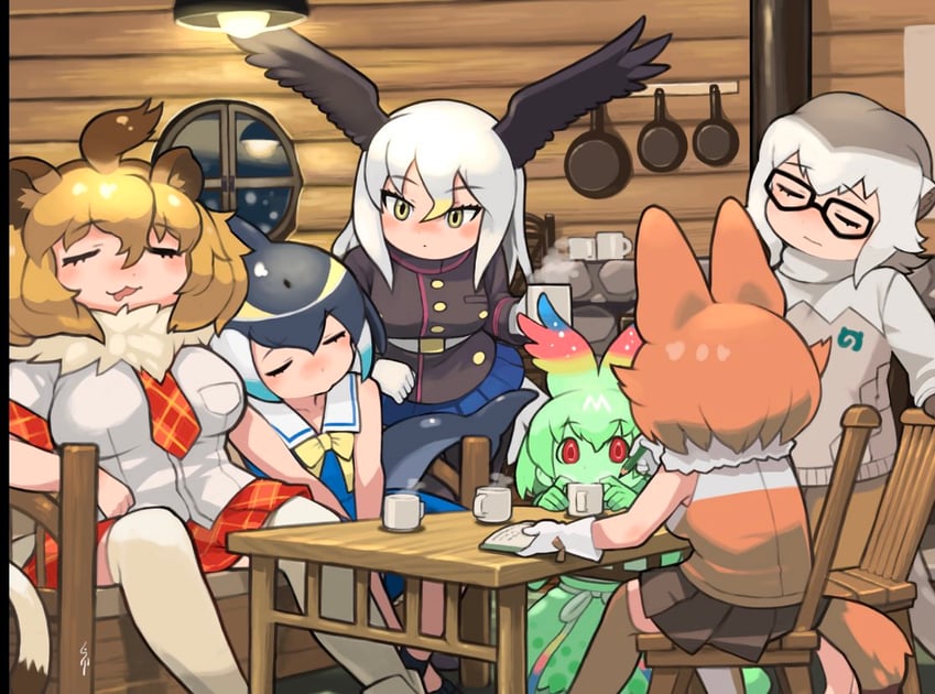 dhole, lion, common dolphin, meerkat, bald eagle, and 1 more (kemono friends) drawn by rinx