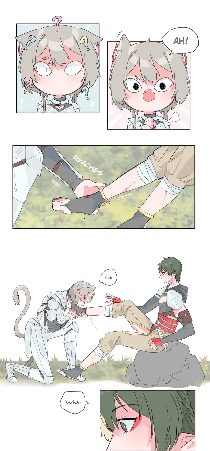 male elf healer and female cat knight (original) drawn by aru_fid0