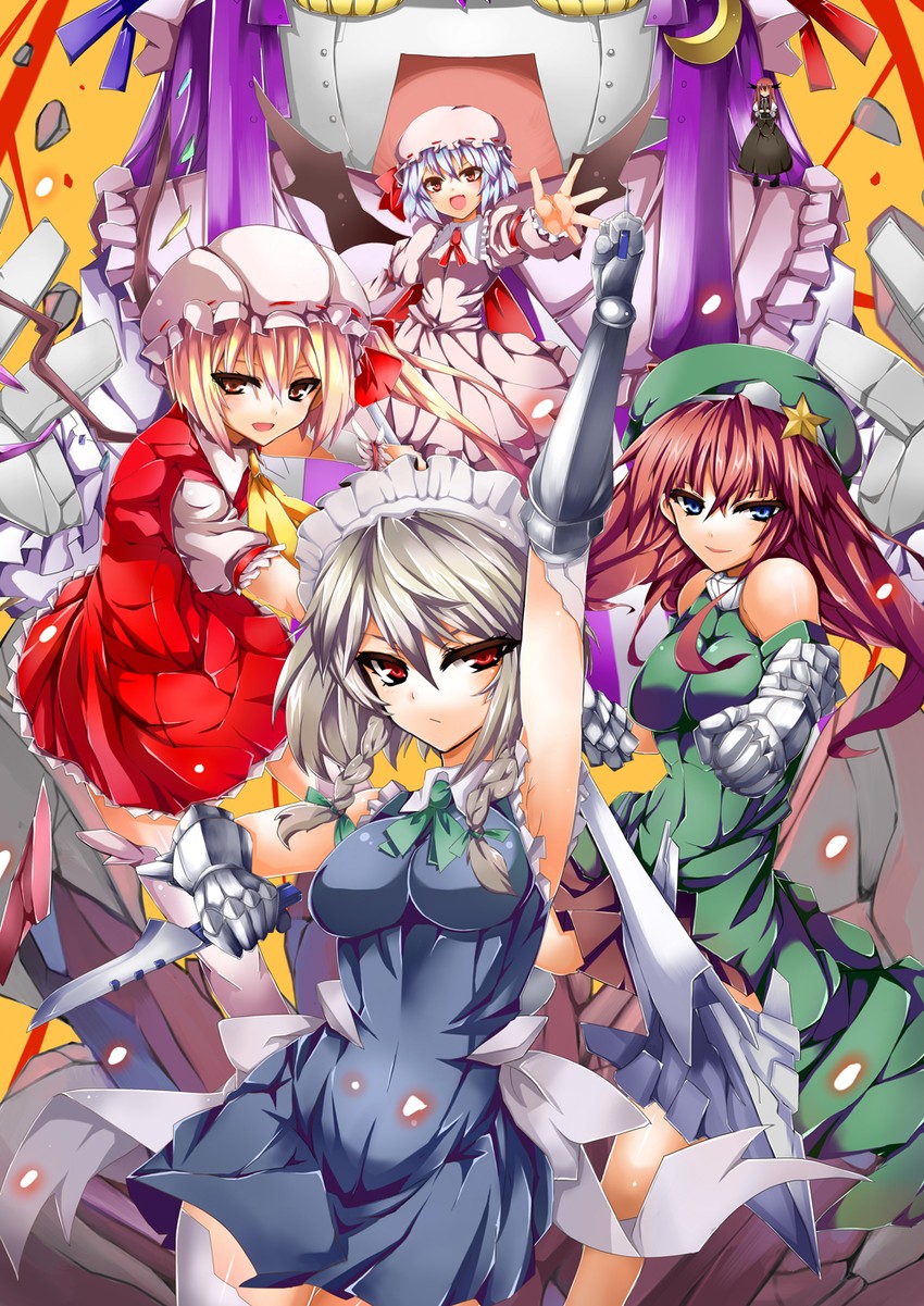 remilia scarlet, flandre scarlet, izayoi sakuya, patchouli knowledge, hong meiling, and 1 more (touhou) drawn by fai