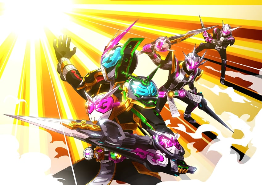 kamen rider zi-o, kamen rider geiz, kamen rider woz, kamen rider zi-o ii, and kamen rider zi-o trinity (kamen rider and 1 more) drawn by otokamu