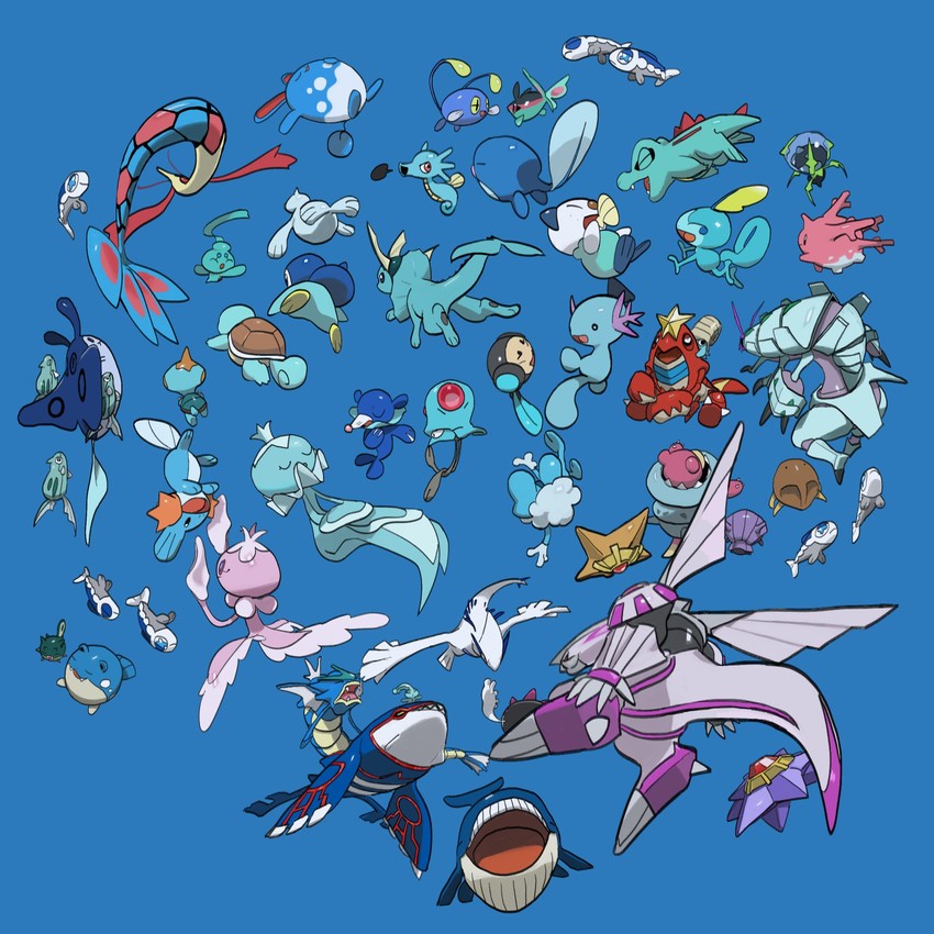 piplup, vaporeon, oshawott, squirtle, sobble, and 37 more (pokemon) drawn by kochi8i