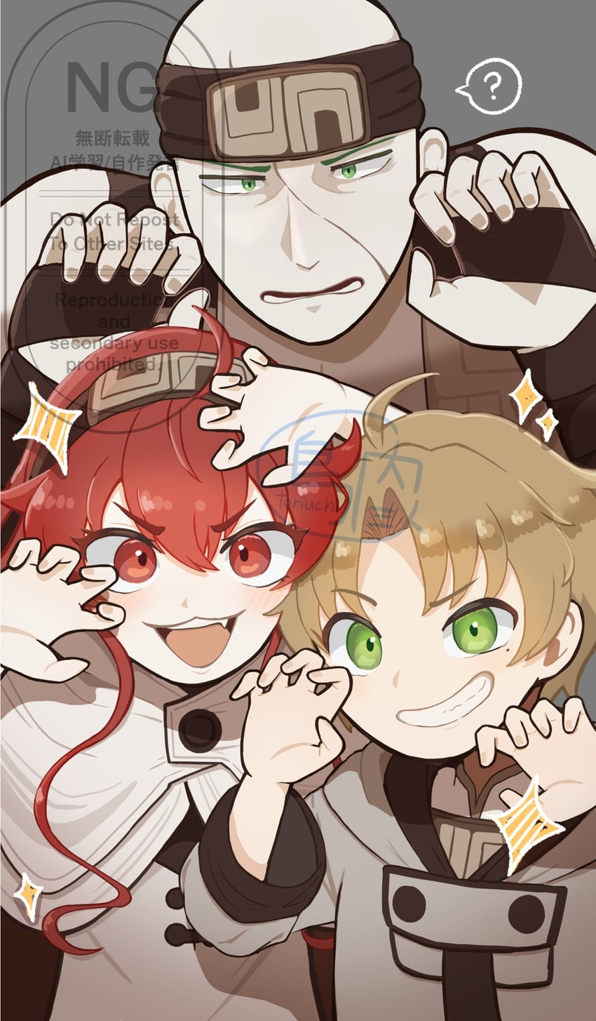 eris greyrat, rudeus greyrat, and ruijerd superdia (mushoku tensei) drawn by toriuchi71