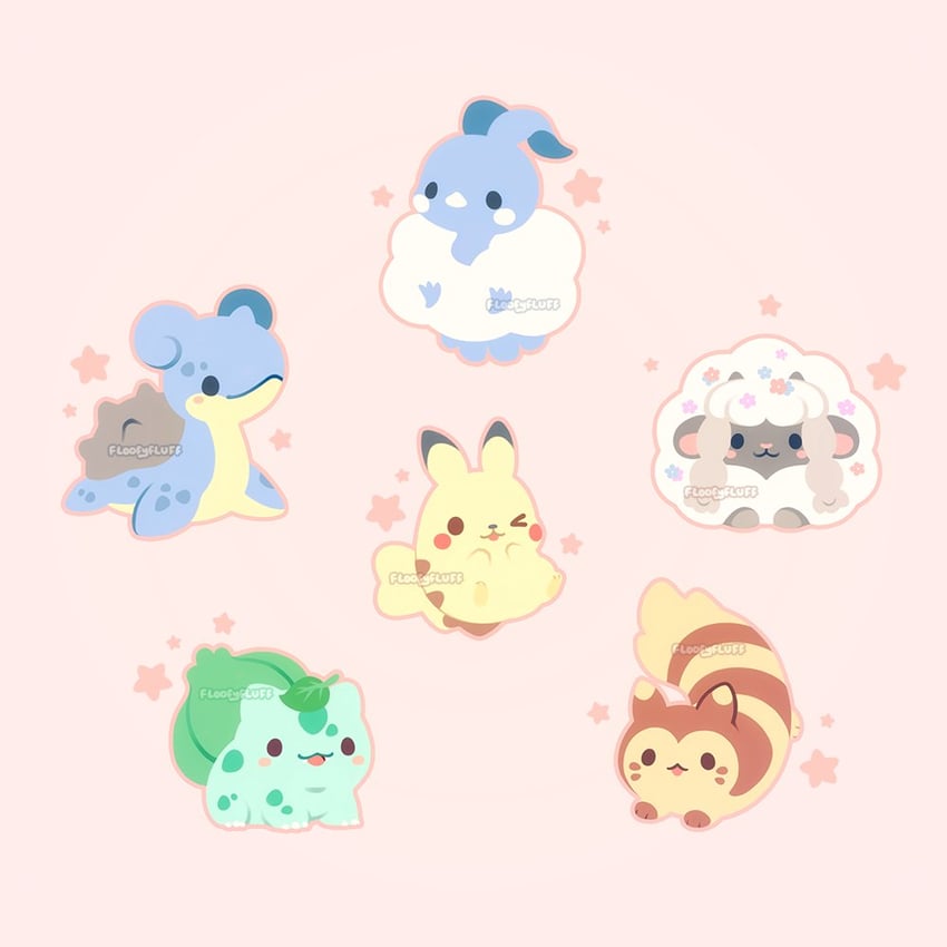 pikachu, bulbasaur, altaria, lapras, furret, and 1 more (pokemon) drawn by ida_(floofyfluff)