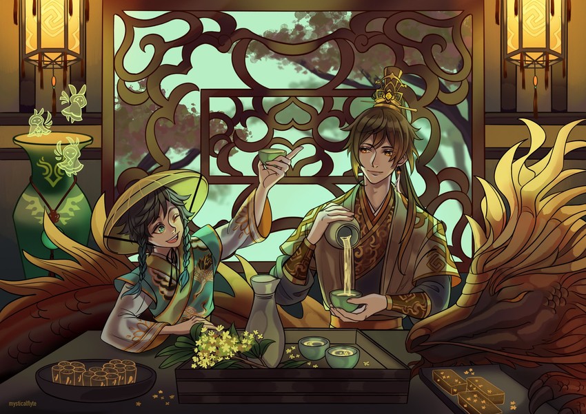 zhongli, venti, and rex lapis (genshin impact) drawn by mysticalflyte
