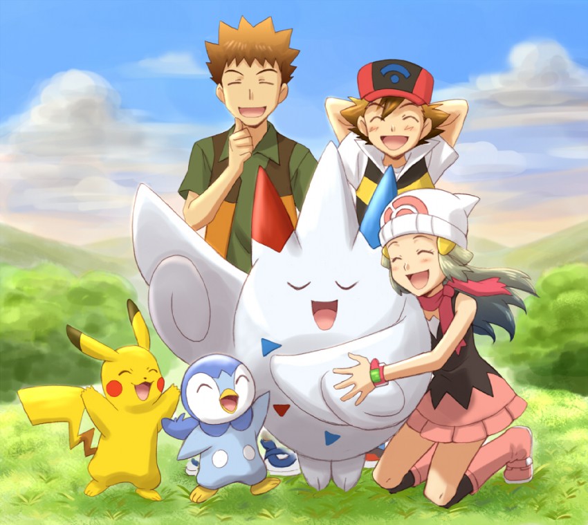 pikachu, dawn, ash ketchum, piplup, brock, and 1 more (pokemon and 1 more) drawn by kiropin