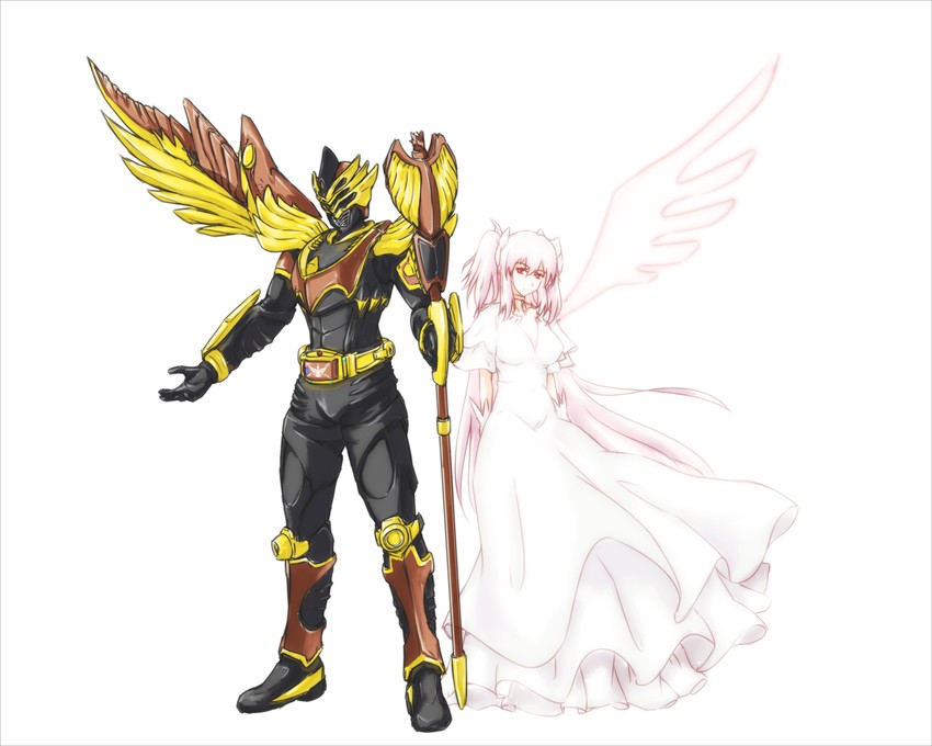kaname madoka, ultimate madoka, and kamen rider odin (mahou shoujo madoka magica and 2 more) drawn by keeth