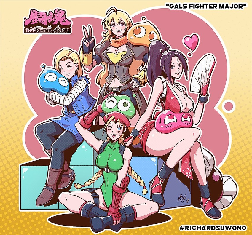 cammy white, shiranui mai, yang xiao long, android 18, and puyo (street fighter and 8 more) drawn by richard_suwono