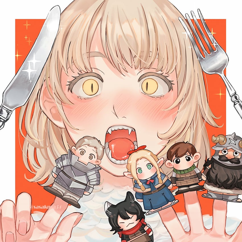 marcille donato, falin touden, laios touden, senshi, chilchuck tims, and 1 more (dungeon meshi) drawn by sasakura34