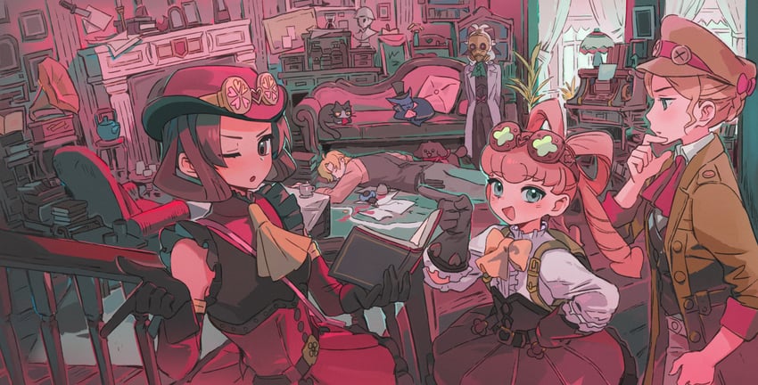 herlock sholmes, susato mikotoba, iris wilson, gina lestrade, and maria gorey (ace attorney and 2 more) drawn by mikyo_u