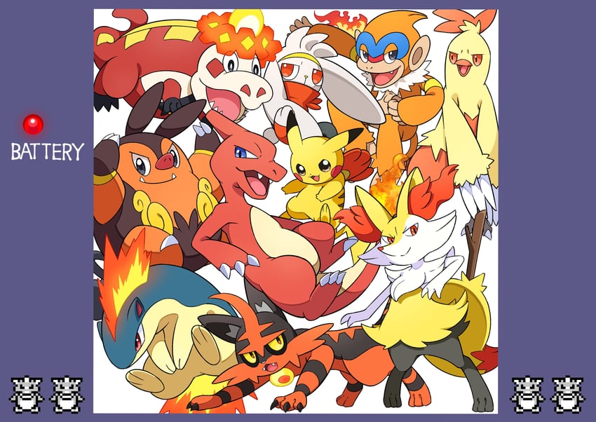 pikachu, braixen, quilava, raboot, charmeleon, and 5 more (pokemon) drawn by pon_yui
