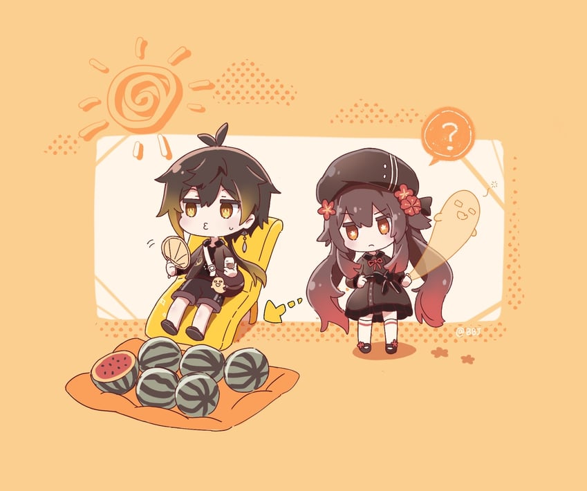 hu tao, zhongli, and boo tao (genshin impact) drawn by biabiaji02