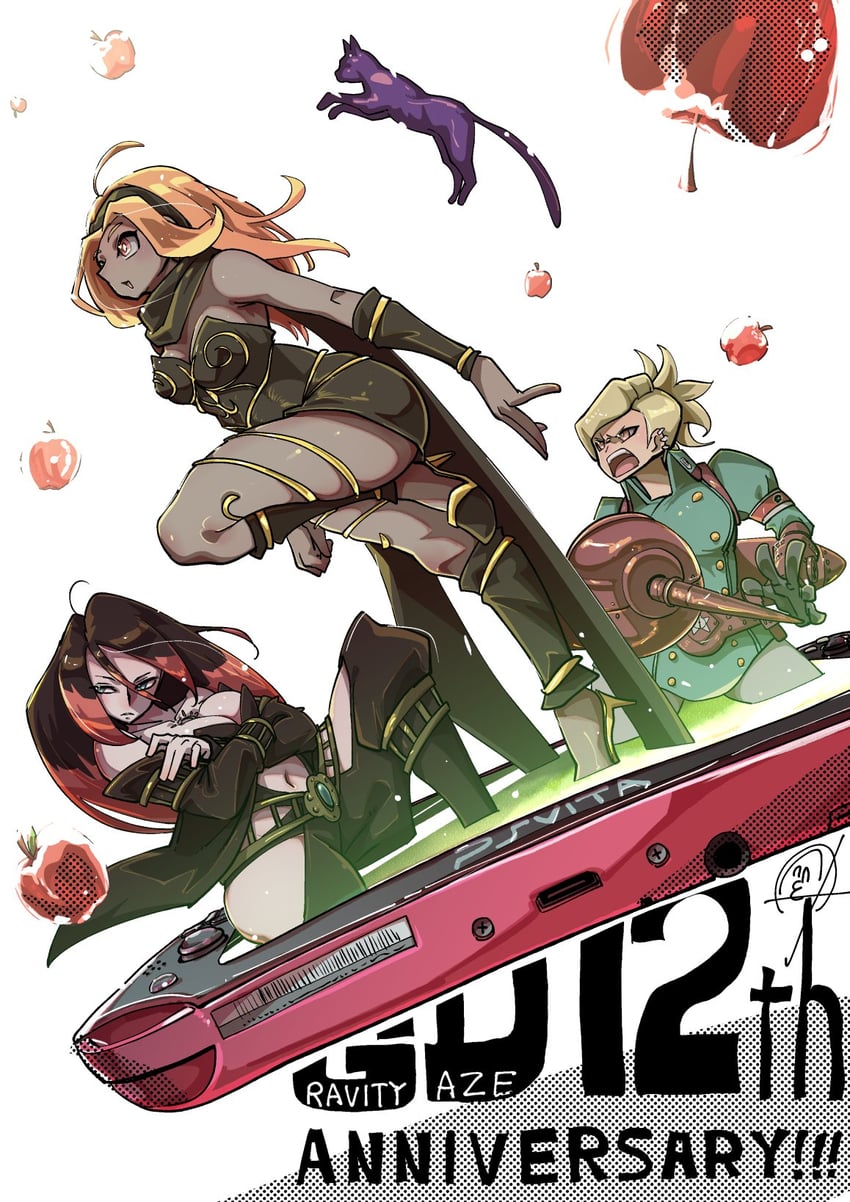 kitten, dusty, crow, and yunica (gravity daze and 1 more) drawn by pungter