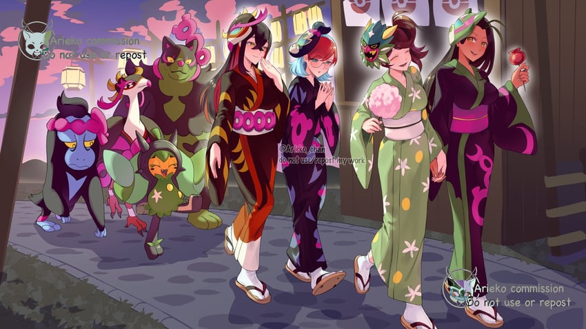 juliana, carmine, nemona, penny, ogerpon, and 3 more (pokemon and 1 more) drawn by ariekochan