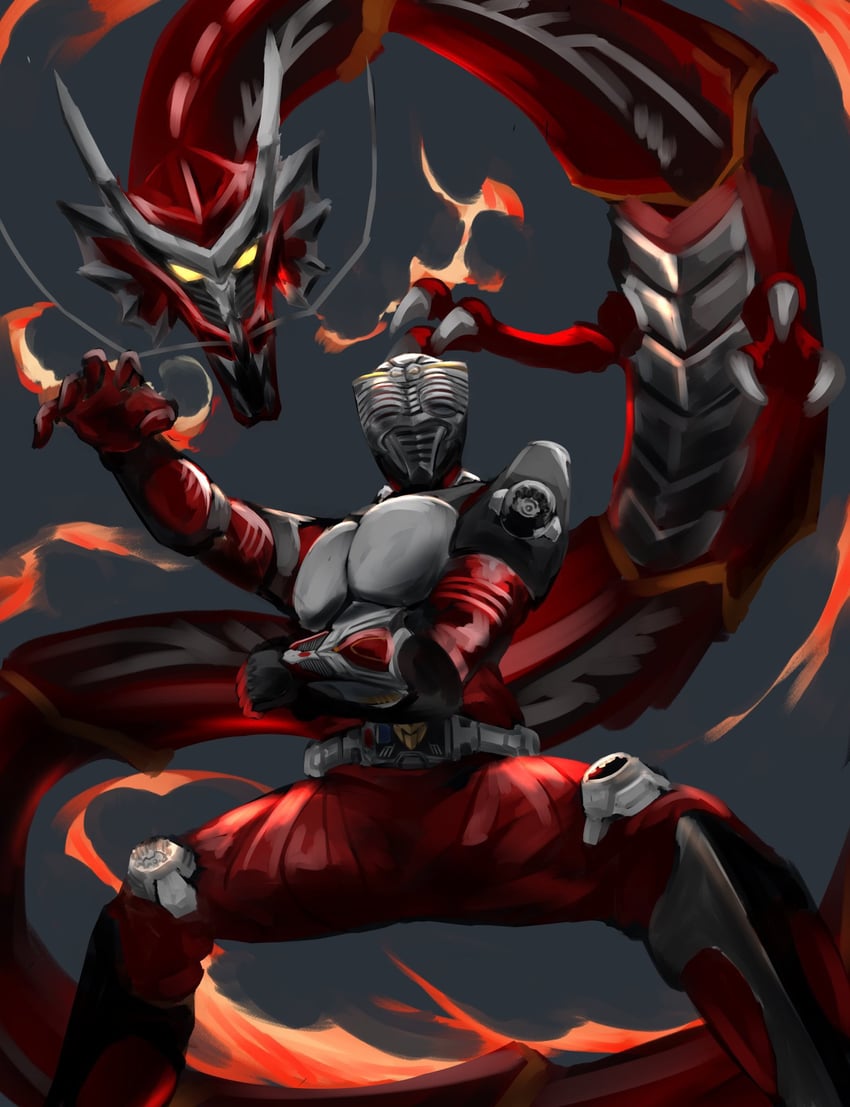 kamen rider ryuki and dragreder (kamen rider and 1 more) drawn by kintsuba_(kintsuba_08)