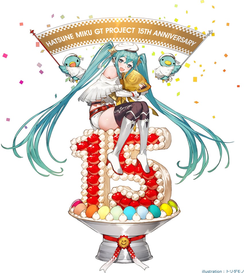 hatsune miku and racing miku (vocaloid and 1 more) drawn by toridamono