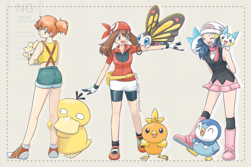 dawn, may, misty, piplup, torchic, and 4 more (pokemon and 2 more) drawn by omochi_(aoi_guruguru)