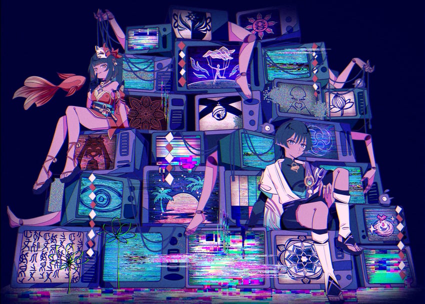 scaramouche, wanderer, and sparkle (genshin impact and 3 more) drawn by tukineko222
