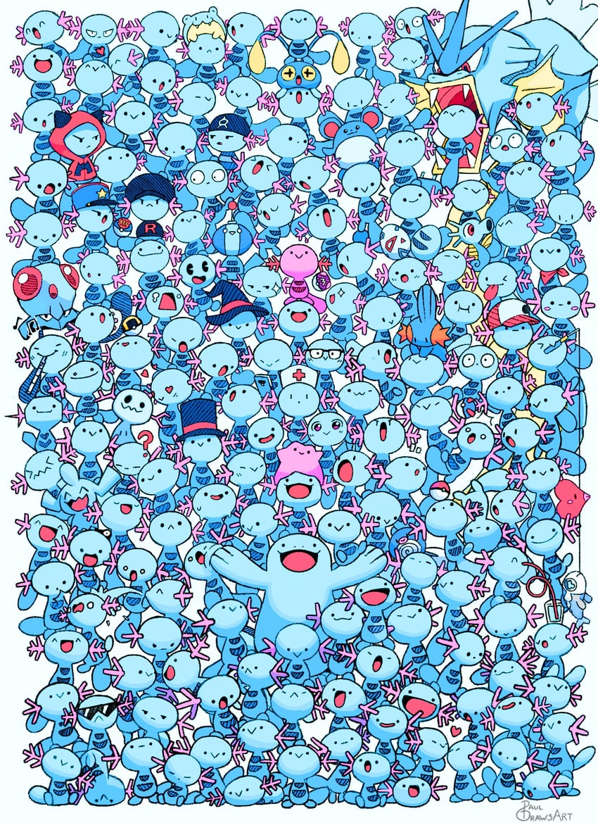 mimikyu, mudkip, ditto, marill, wooper, and 11 more (pokemon and 1 more) drawn by pauldrawsart
