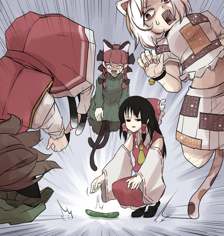 hakurei reimu, kaenbyou rin, chen, and goutokuji mike (touhou) drawn by peroponesosu.