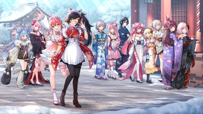mori calliope, sakura miko, ookami mio, shirogane noel, shishiro botan, and 8 more (hololive and 3 more) drawn by yukiko_(tesseract)