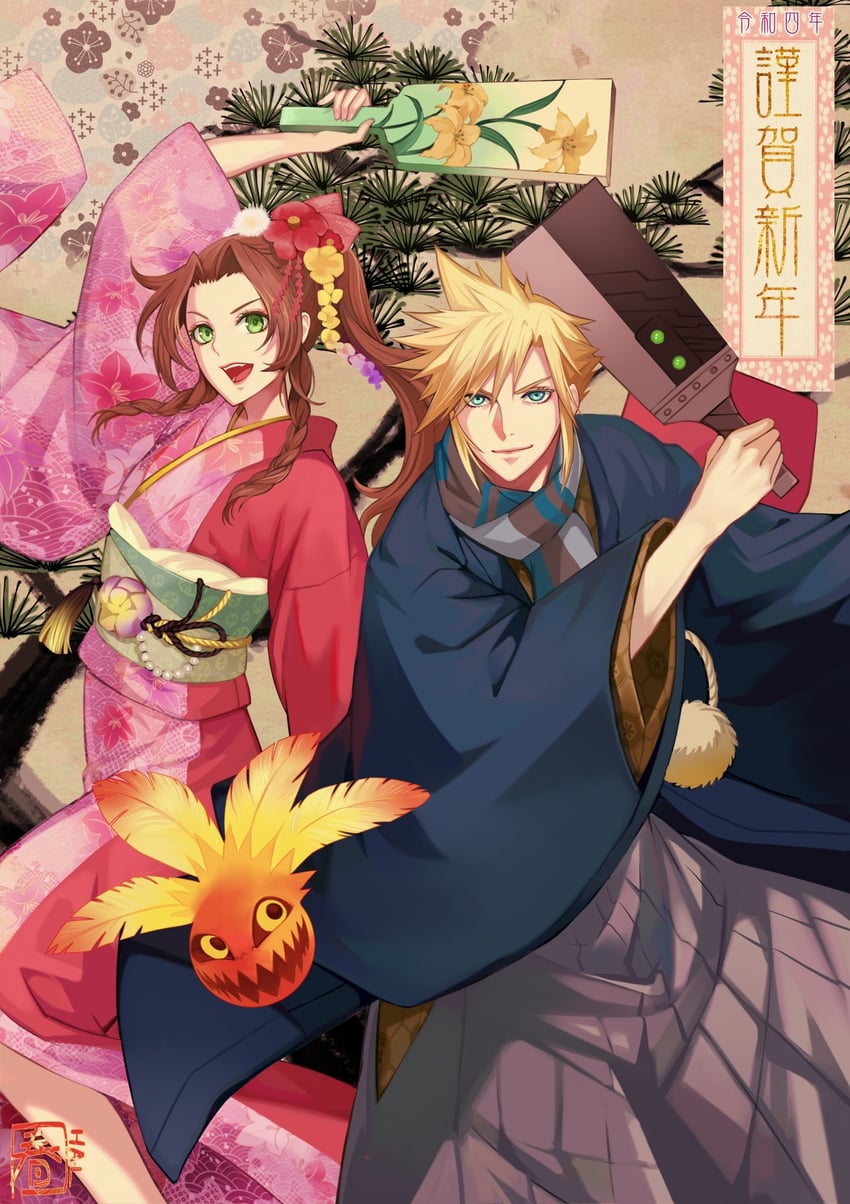cloud strife, aerith gainsborough, and bomb (final fantasy and 2 more) drawn by halu-ca