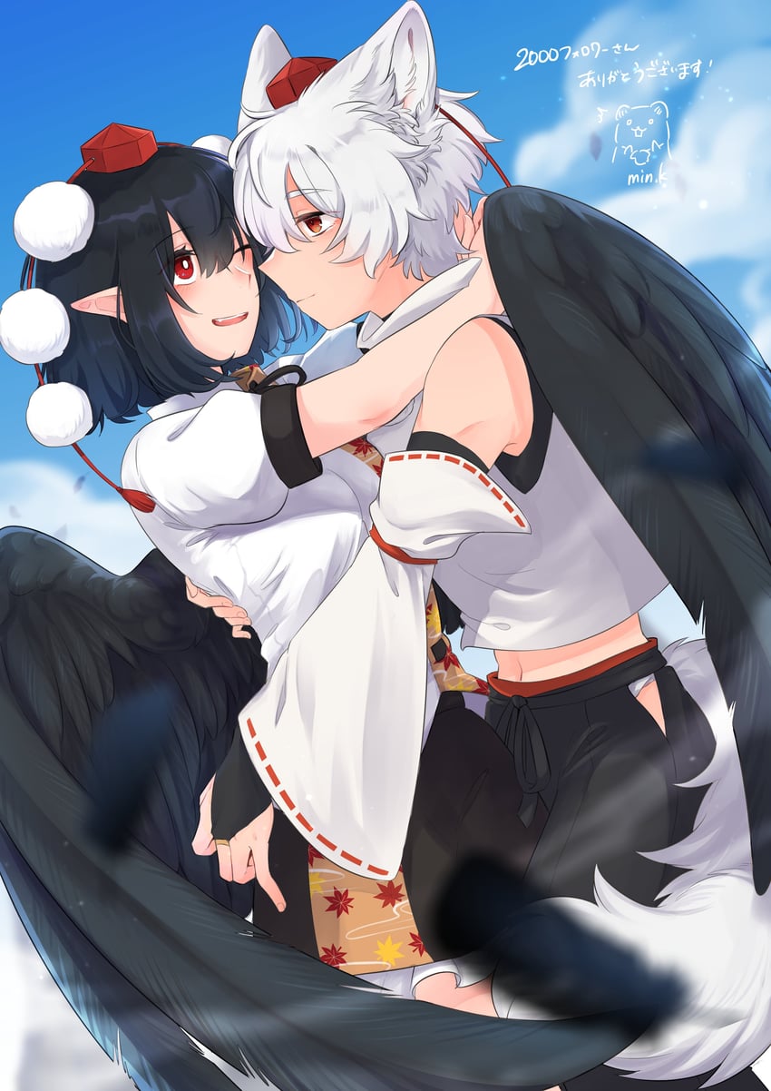 shameimaru aya and inubashiri momiji (touhou) drawn by min.k