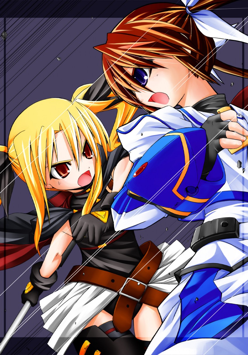 fate testarossa, takamachi nanoha, and bardiche (lyrical nanoha and 2 more) drawn by yuuka_(o.t.kingdom)