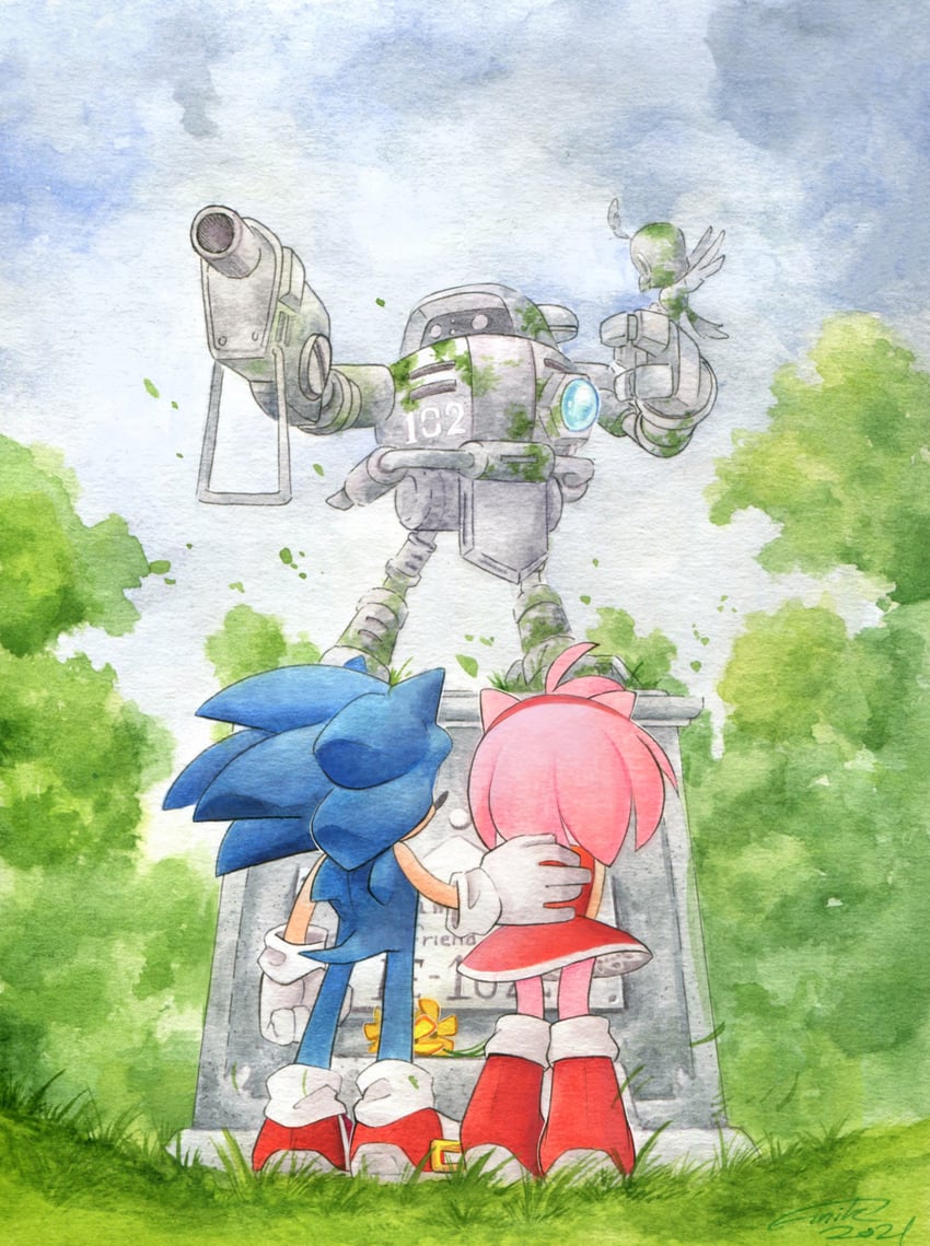sonic the hedgehog, amy rose, flicky, and e-102 gamma (sonic and 1 more) drawn by finik