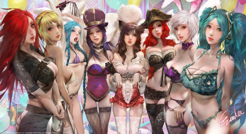 ahri, jinx, sona, caitlyn, lux, and 3 more (league of legends) drawn by evan_lee