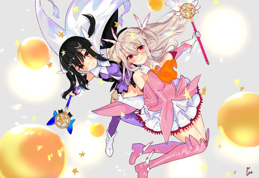 illyasviel von einzbern, miyu edelfelt, magical ruby, and magical sapphire (fate and 1 more) drawn by kaida_usagi