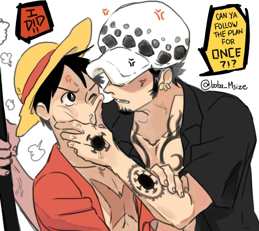 monkey d. luffy and trafalgar law (one piece) drawn by boba_msize