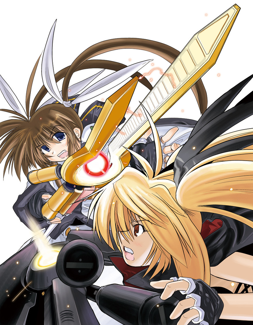 fate testarossa, takamachi nanoha, raising heart, and bardiche (lyrical nanoha and 2 more) drawn by excel_(gewalt)