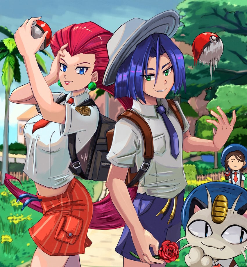 juliana, florian, jessie, james, and meowth (pokemon and 1 more) drawn by stoic_seraphim