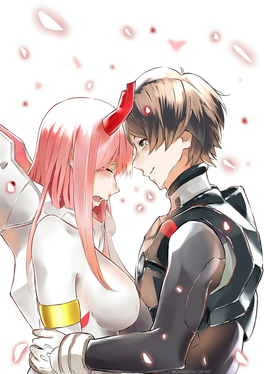 zero two and hiro (darling in the franxx) drawn by genm7