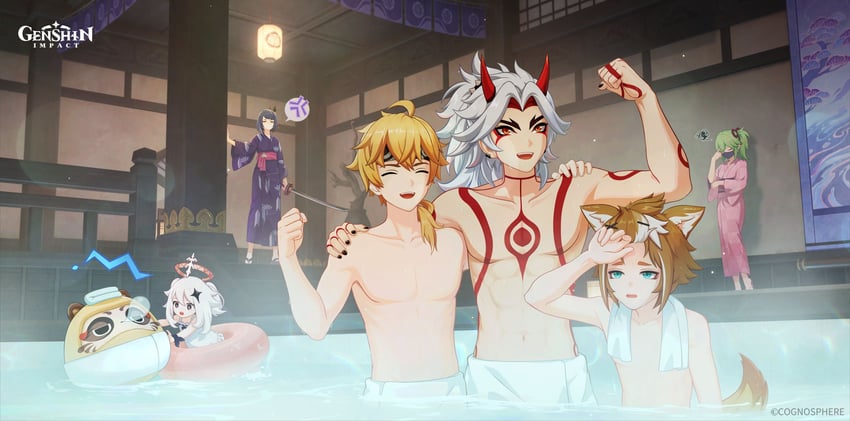 paimon, kujou sara, kuki shinobu, arataki itto, thoma, and 1 more (genshin impact)