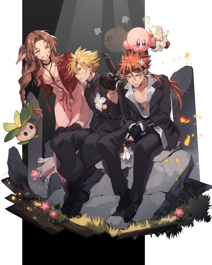 cloud strife, aerith gainsborough, kirby, reno, and leafan (final fantasy and 3 more) drawn by pokashi