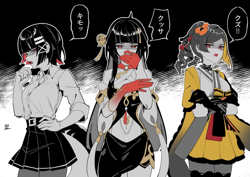 ellen joe, chiori, and lingsha (genshin impact and 4 more) drawn by mikiseriavoid