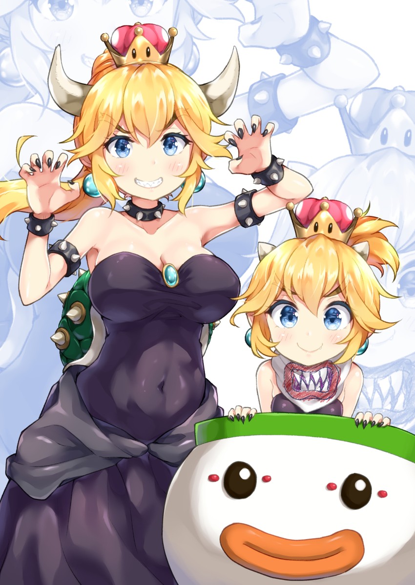 bowsette, junior clown car, and bowsette jr. (mario and 1 more) drawn by miyabi_(miyabeeya)