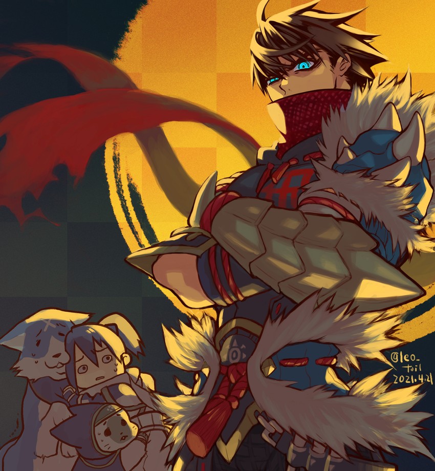 player palico, strider hiryuu, canyne, master utsushi, and strider hien (monster hunter and 3 more) drawn by leo_tail