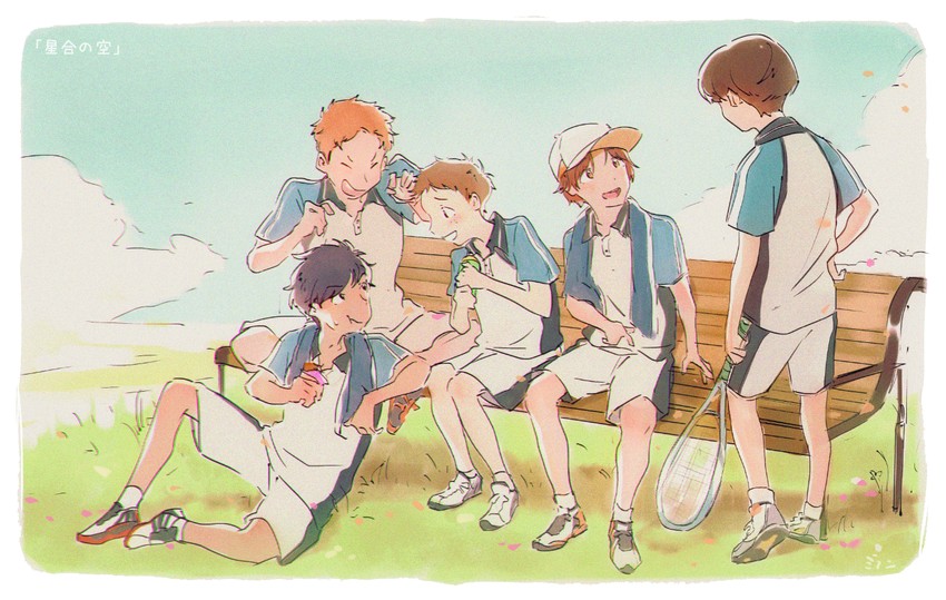 takenouchi shingo, soga tsubasa, ishigami taiyou, futsu rintarou, and ameno itsuki (hoshiai no sora) drawn by miranmlang