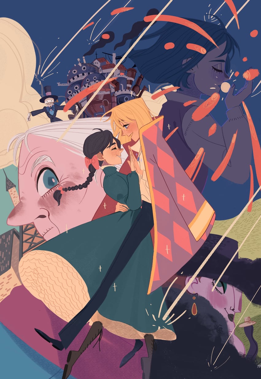 howl pendragon, sophie hatter, kakashi no kabu, and witch of the waste (howl no ugoku shiro) drawn by sue_kim